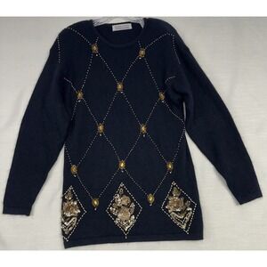 Vintage Karen Scott Women's M Silk Wool Blend Jewel 80s 90s Glam Black Sweater